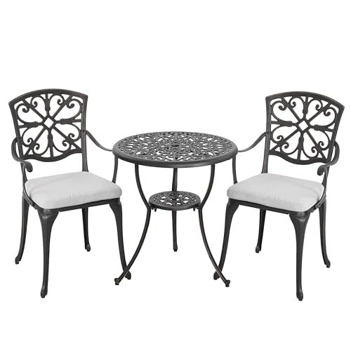 Image of NUU GARDEN Bistro Set 3 Piece Outdoor Cast Aluminum Patio Table and Chairs Set of 2 with Umbrella Hole and Grey Cushions for Backyard, Balcony, Black