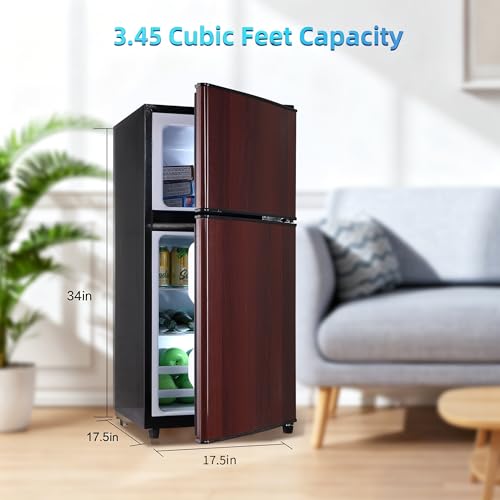 Image of Dorm Fridge with Freezer, Small Refrigerator 3.45 Cu. Ft. with Freezer for Apartment, 7-Level Temperature Adjustable Apartment Size Fridge for Kichen, College, Office, Wood