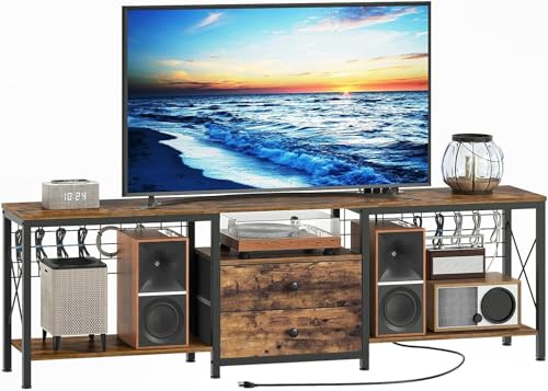 Image of YATINEY TV Stand with Power Outlet Up to 75 Inch, Entertainment Center with 2 Fabric Drawers, TV Console Table with Open Storage Shelves for TVs, Cable Management, for Living Room, Bedroom, DS18UBRY1