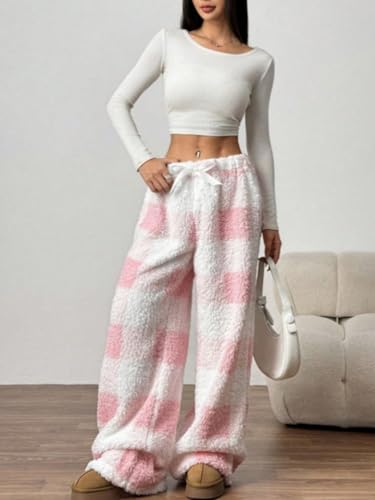 Image of ZAFUL Women's Fuzzy Plush Pajama Pants Wide Leg Pj Bottoms Lounge Pants | Soft Fluffy Sleep Pants Drawstring Elastic Waist Teddy Pjs for Women No Pockets