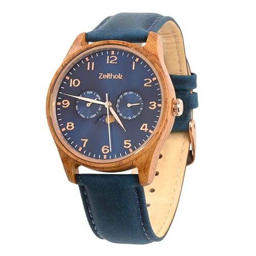 Zeitholz Relojes de Madera Hombre, Regalo para Hombre, Nueva colección Klitten 42mm analógico con Movimiento de Cuarzo Japonés y Calendario Lunar (Madera de Palisandro)
