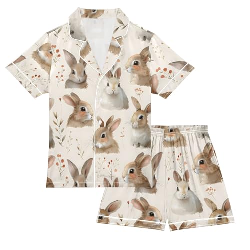 ALAZA Lovely Rabbit Watercolor Leaves Satin Pajamas Set Short Sleeve Button Down Sleepwear Summer Pjs 2 Piece