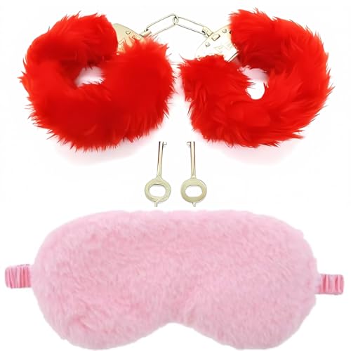 Image of Handcuff Hathkadi Toy with 2 Keys & Eye Mask - Red & Sky Blue