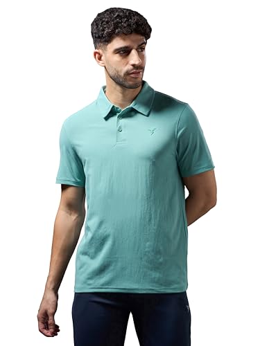 Image of TECHNOSPORT Men's Solid Slim Fit Polo Collar T-Shirt COTFLEX Half Sleeve Button Polyester for Gym Running Workout UPF50+ Anti Odour