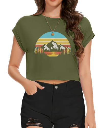 Image of Womens Crop Tops Summer Roll Cap Sleeve Cropped Tshirt Loose Fit Basic Tees