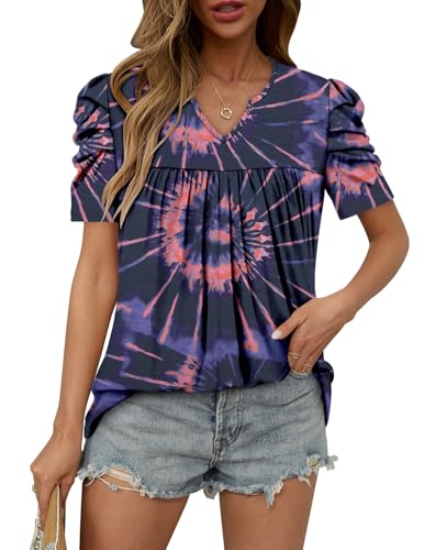KISSMODA Tops for Womens Summer Cute Short Sleeve Shirts Trendy Notched Neck Blouses Casual Loose Pleated Tunics S-3Xl