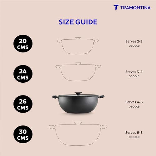 Image of TRAMONTINA TITANEX 26cm / 4.6L Pre-Seasoned Heritage Cast Iron Deep Kadai with Toughened Glass Lid | Snap-On Silicone Grips | Kadhai for Curry | Gas & Induction Cookware | Life-Time Warranty
