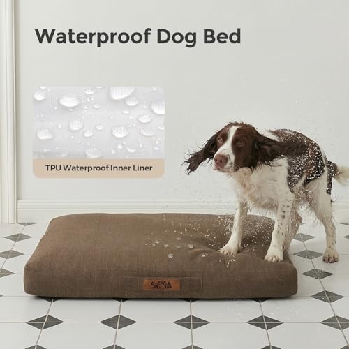 Image of 36 Inch Indestructible Dog Bed for Large Dogs, Waterproof Chew Proof Orthopedic Pet Mat for Crate with Machinne Wshable Cover, Great for Indoor Outdoor Use, Brown