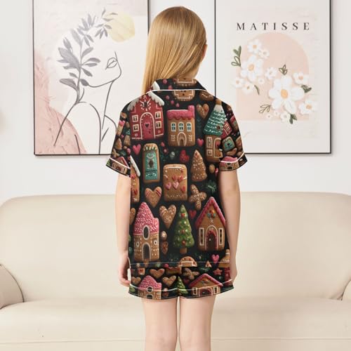 Satin Pajama Sets Short Sleeve Gingerbread Houses Trees Button Down Silky Nightwear 2 Piece PJS 5-14Y4