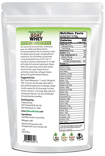 Z Natural Foods Goat Whey Protein Powder Concentrate - Unflavored & Undenatured - Grass Fed In Usa - Good Source Of Bcaa - 100% Pure, Gluten Free, Non Gmo, Kosher - 1 Lb #TOP1