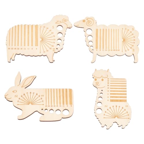 NBEADS 4 Pcs Spinning Control Card, 4 Sizes Animal Knitting Needle Gauge and Ruler Alpaca Sheep Rabbit Shaped Wood Knitting Tool with Twist Angle Diz Ruler for Measuring Crochet