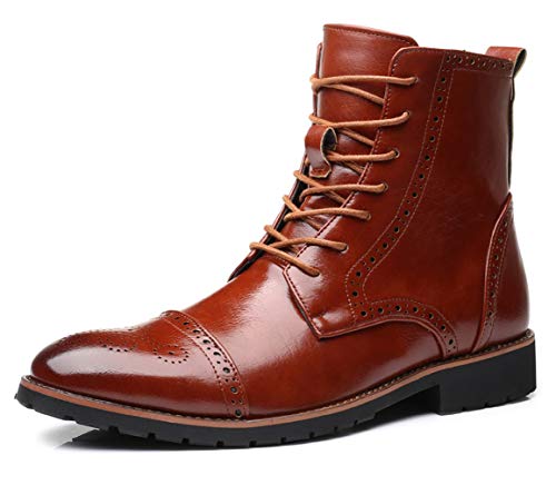 Mens Lace-up Oxford Formal Dress Ankle Boot Cap Toe Leather Brogue Combat Motorcycle Boots Tan 9 US