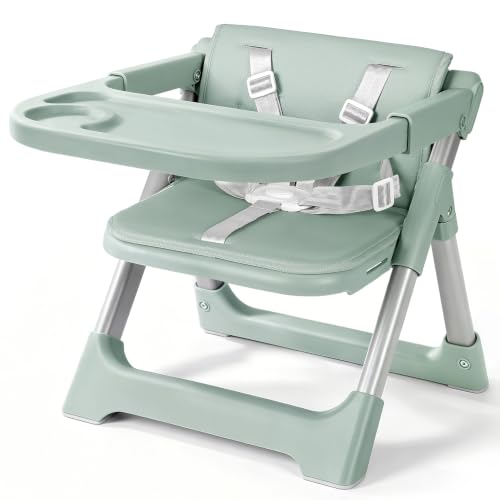 Image of Baby High Chair Booster Seat: Portable Booster Seat for Kitchen s Dining Chair Foldable Highchair - Travel Size Tool-Free Setup Adjustable Tray (Green)