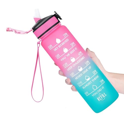 SKY-TOUCH 1L Sports Water Bottle : Motivational Water Bottle with Time Marker and Straw Leakproof Water Bottles for Fitness Gym and Outdoor Sports Blue&Pink