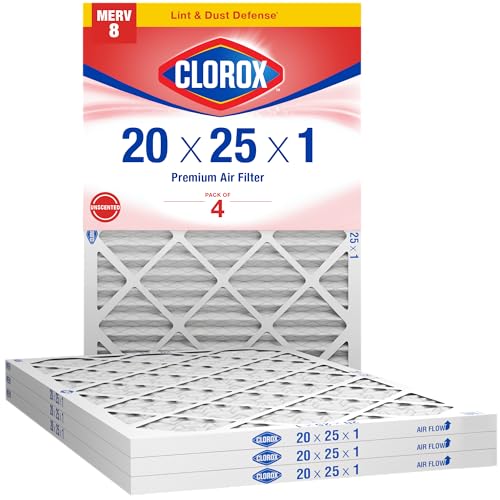Clorox 20x25x1 Air Filter, MERV 8 Pleated HVAC AC Furnace Air Filters, MPR 600 & FPR 5 – Pack of 4