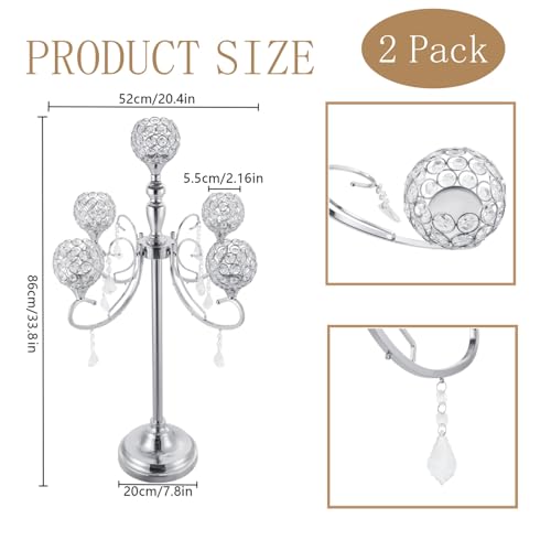 2 Pack 5-Arm Silver Crystal Candelabra Candle Holder 33.8 Inches Tall Floor Candle Holder with 5 Clear Crystal Pendant Candelabras Centerpieces for Table Decor Elegant Design Wedding Gifts (Silver)