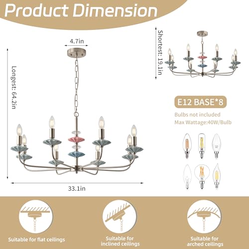 breomo Brushed Nickel Chandeliers for Dining Room Light Fixture Over Table,8-Light Art Deco Chandelier, Modern Vintage Chandelier with Ceramic,Farmhouse Chandelier for Girls Bedroom,Living Room by breomo - Used condition - Image 3