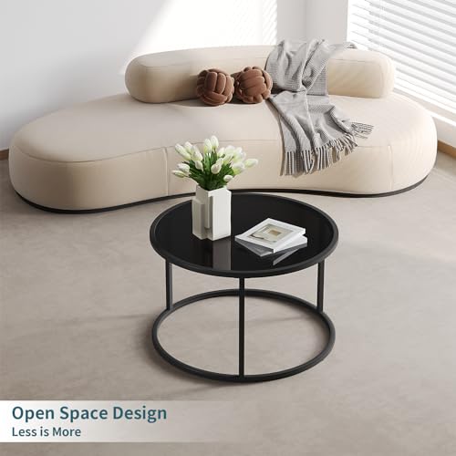 SAYGOER Black Glass Coffee Table Small Round Coffee Tables 27.6In Modern Tempered Glass-Top Accent Center Table for Living Room Home Office Small Space Easy Assembly (MASTER-BK-GB) - Image 4