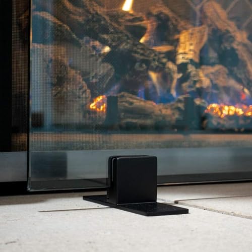 Image of AMS Fireplace | Manhattan Modern Freestanding Frameless Clear Glass Fireplace Screen with Powder Coated Metal Black Feet Base (Feet Color Black, Small Size: 36 inch W X 26 inch H)