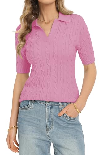 Image of QUALFORT Cable Knit Women's Short Sleeve Sweater Soft V Neck Polo Tops