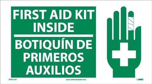 NMC National Marker Corp. SPSA172P First Aid Kit Inside (Bilingual W/Graphic), 10 Inch X 18 Inch, PS Vinyl