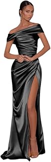 Women's Off The Shoulder Satin Prom Dresses Mermaid Bridesmaid Dresses Corset Formal Dress Evening Gowns with Slit - Buy now