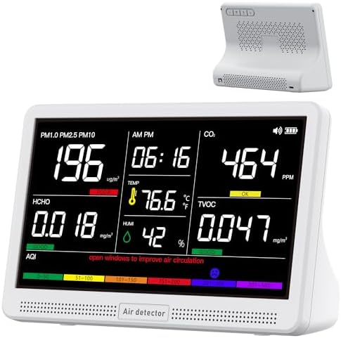 bonoch 16 in 1 Air Quality Monitor Indoor 7" Display 9 AQI+7 AQI Alerts, CO2 Monitor Air Quality Tester for CO2, TVOC, PM2.5 PM1.0 PM10, HCHO Temperature Humidity AQI & Time Air Quality Meter for Home