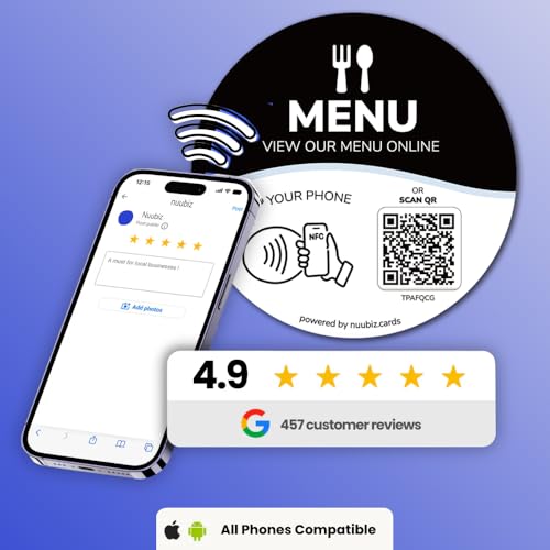 NFC Menu QR Code Sign with Adhesive Backing – Tap or Scan to View Menu, Works Like a Review Tap Card or Social Media Sign, Round Acrylic QR Code Tag, No App or Subs, Use Your Existing Menu Link