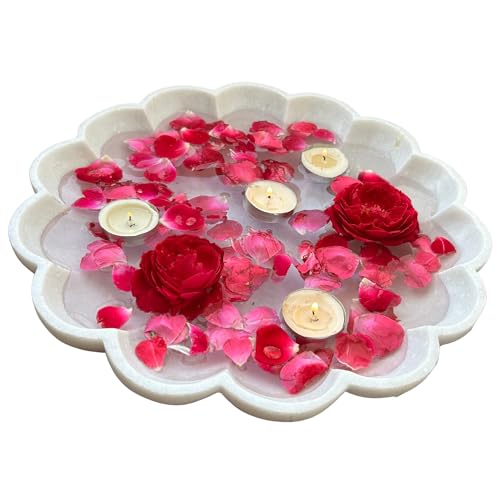 Image of Marble Urli Bowl for Decoration | Big Potpourri Decorative Bowls in Home decor | Large White Floating Flower Plates of Stone | Small Shape puja Item | (12 inch, Daisy Burst)