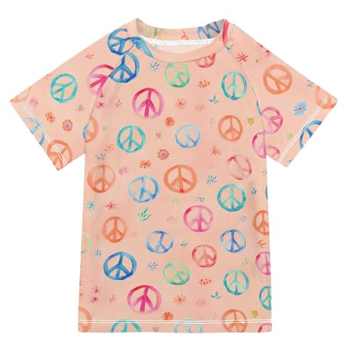 ALAZA Kids Rash Guard Boys Toddler Swim Shirts Short Sleeve Peace Symbol Flowers UPF 50+ 3T