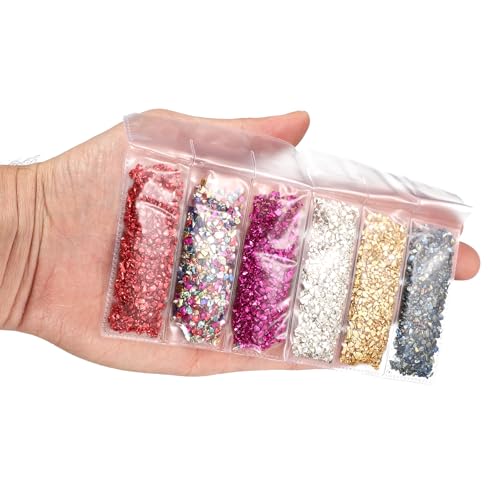sourcing map 6 Farben Crushed Glass Chips, 1-4mm Unregelmäßiges Glitzer-Metallic-Glas zum Basteln, DIY, Schmuck, Vasenfüller, Epoxidharz-Dekoration, 28 g, Bunte Farbserie