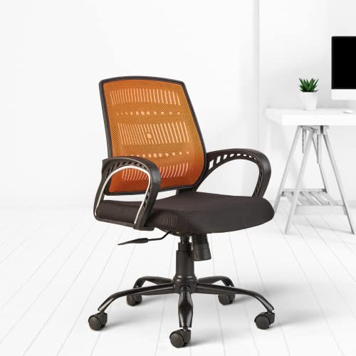 CELLBELL C106 Medium Back Mesh Office Chair/Study Chair/Revolving Chair/Computer Chair for Work from Home Metal Base Height Adjustable Reclining Chair [Orange]