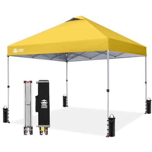 Crown Shades 10x10 Pop Up Canopy - Beach Tent with One Push Setup - Outdoor Sun Shade for Events, Parties, Camping - Gazebo with STO-N-Go Cover Bag, Silver Coated Top, 3 Height& 4 Sand Bags, Yellow