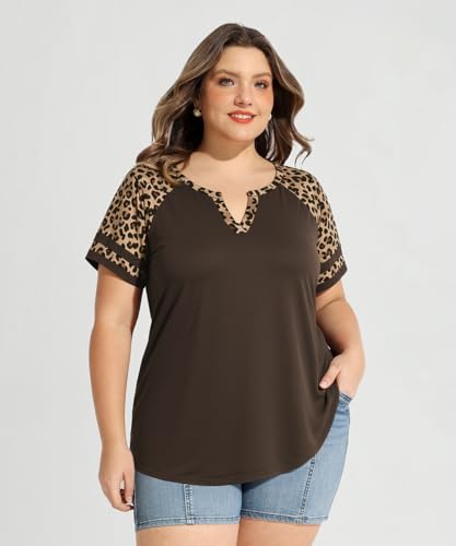 Image of CARCOS Plus Size Tops for Women Short Sleeve Summer Pullover Color Block Crewneck /V Neck Tee Tunic Loose Fit Tshirts XL-5XL