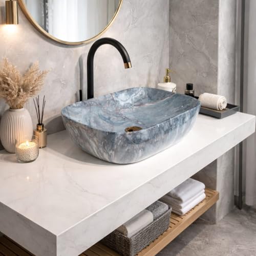 Image of Ceramic Tabletop Wash Basin - Glossy Rectangular Countertop Vessel Sink with Marble Finish for Bathroom & Vanity | Compact 18 x 13 x 5 Inch | Elegant Washbasin