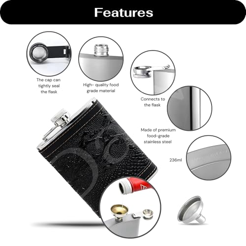 Image of Hip Flask with Funnel Pocket 240 Ml Stainless Steel for Men & Women 8oz - Whisky Vodka Alcoholic Liquor Holder Drinks Carrying Case Leakproof Travel Flasks Drinks, (Snake Skin Leather)