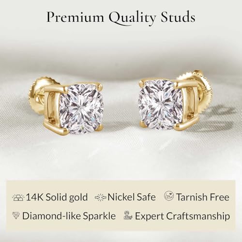 Everyday Elegance Solid 14K White Yellow Rose Gold Cubic Zirconia Solitaire Stud Earrings Women in Heart Cushion Oval Pear Princess Emerald Round Cut | Screw Back Posts 0.50 to 4.0 CTW |With Gift Box3