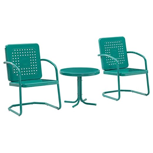 Crosley Furniture KO10019TU Bates 3-Piece Retro Metal Outdoor Seating Set with Side Table and 2 Chairs, Turquoise Gloss