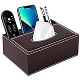 PU Leather Rectangular Tissue Box Cover - Multifunctional Tissue Box Holder with Stationery Remote Control Box, Decorative Tissue Pen Remote Organizer for Home/Office/Restaurant (Brown)