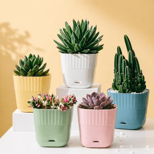 DICHOT Self Watering Plastic Flower Pots for Indoor Plants - Pack of 5 with Water Level Indicator & Drainage System | Modern Decorative Planters for Home, Office, Balcony & Garden