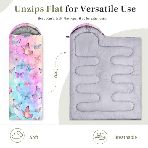 Bolsa de dormir WeCozy Butterfly rosa para niños, ligera impermeable para 3 estaciones, con saco compresor para camping, uso interior y mochilero miniatura 4