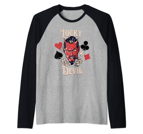 Rockabilly Lucky Devil Horns Dados de los años 50, casino retro Camiseta Manga Raglan