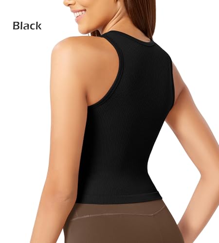 ODODOS 3-Pack Seamless Crop Tank for Women Ribbed Soft High Neck Cropped Tops3