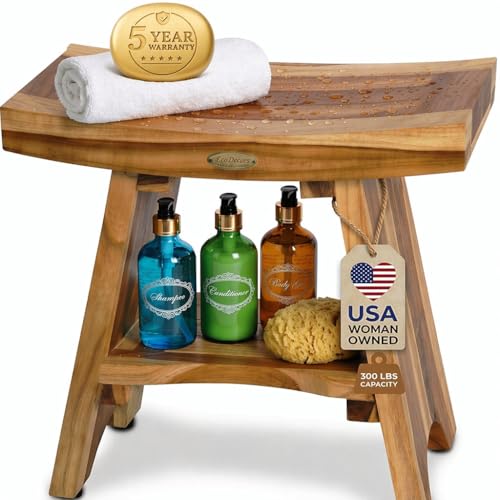 EcoDecors Teak Shower Bench 18', 300 lb Capacity – Waterproof Wood Bath Seat with Shelf, Spa Seating for Adults – Compact Fit for Small Bathrooms & Walk-in Showers – Slip-Resistant Feet