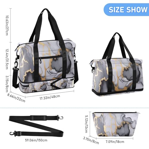 Gray Gold Black Marble Gym Bag for Women Sport Travel Duffel Bag Shoulder Weekender Overnight Bags with Wet Pocket & Shoe Compartment3