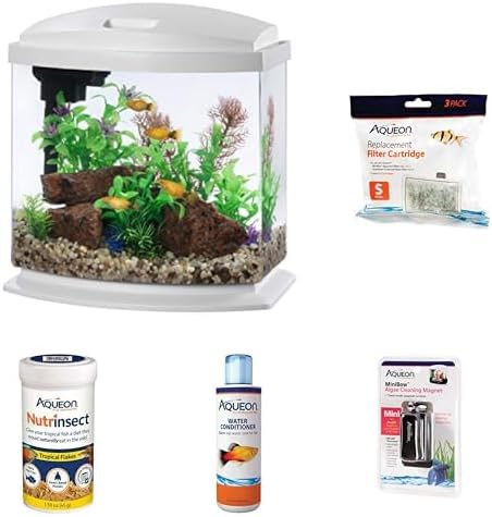 Aqueon LED MiniBow Small Aquarium Fish Tank Kit, White, 2.5 Gallon, 3 Pack Replacement Filter Cartridges, Cleaning Magnet, Water Conditioner, and Nutrinsect Fish Food, Tropical Flakes Bundle