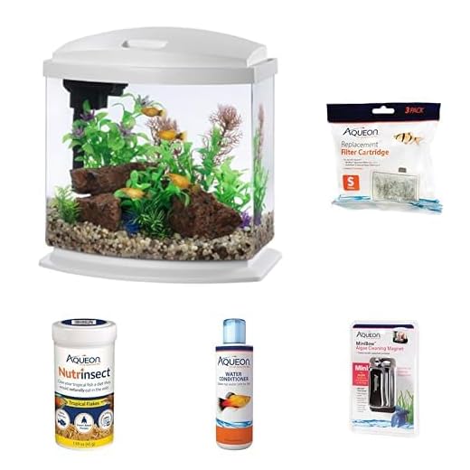 Aqueon LED MiniBow Small Aquarium Fish Tank Kit, White, 2.5 Gallon, 3 Pack Replacement Filter Cartridges, Cleaning Magnet, Water Conditioner, and Nutrinsect Fish Food, Tropical Flakes Bundle