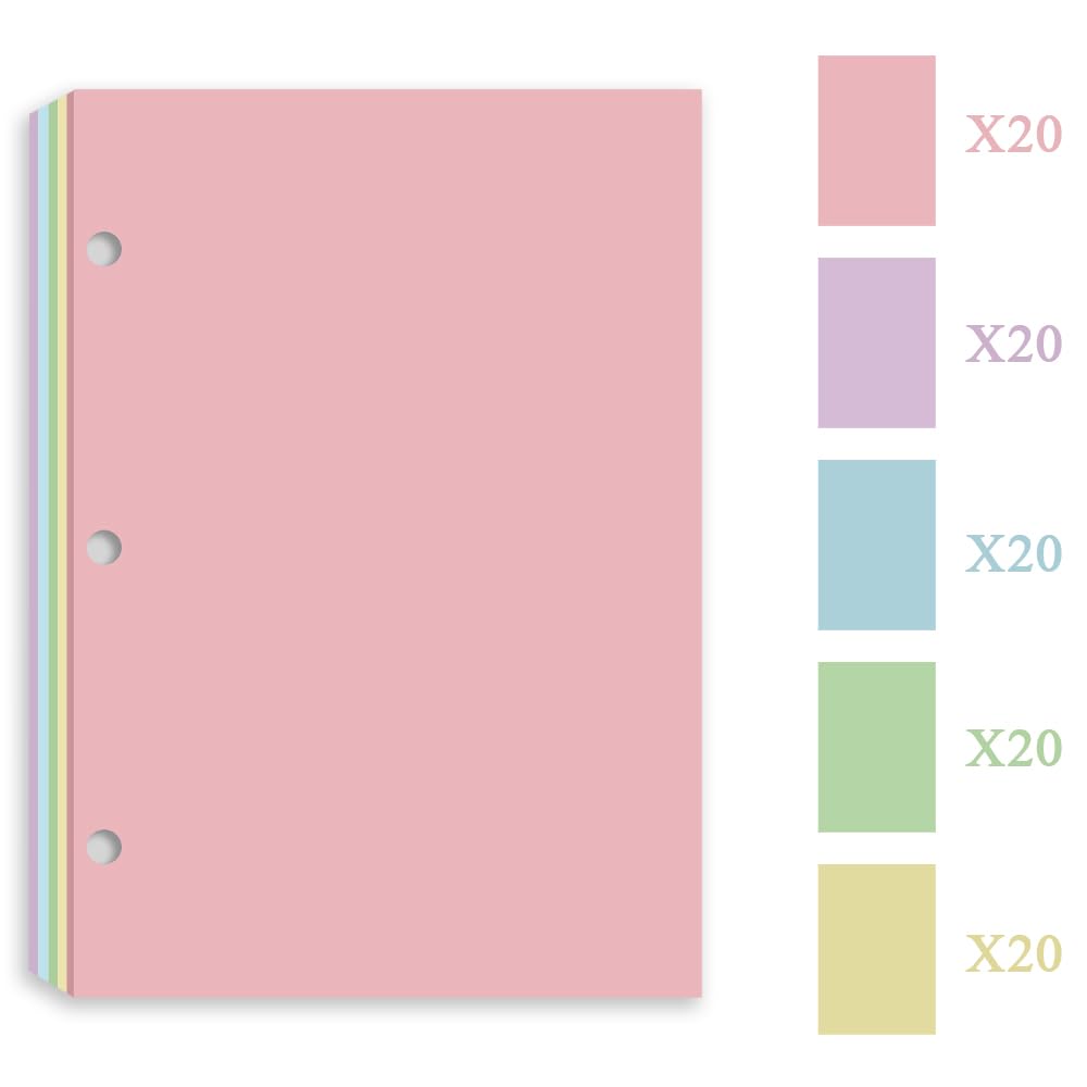 A5 3-Hole Filler Paper 100 Sheets - 110gsm Lined Paper For Refillable Binders, 5 Colors, 5.7x8.3 Inch Planner Refill-1380952