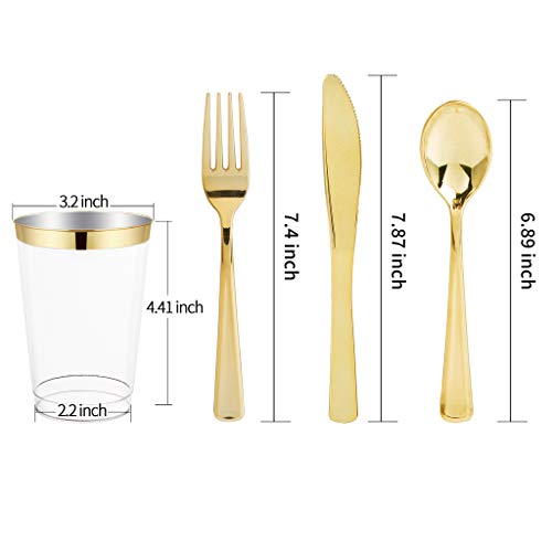 I00000 150Pcs Gold Plastic Plates & Disposable Silverware & Gold Cups, Lace Design Clear Dinnerware Include: 25 Dinner Plates, 25 Dessert Plates, 25 Tumblers, 25 Gold Silverware #TOP5