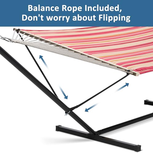 Image of SUNCREAT Outdoor Hammock with Stand, Two Person Quilted Fabric Hammock Swing with 12ft Steel Stand, Red Stripes